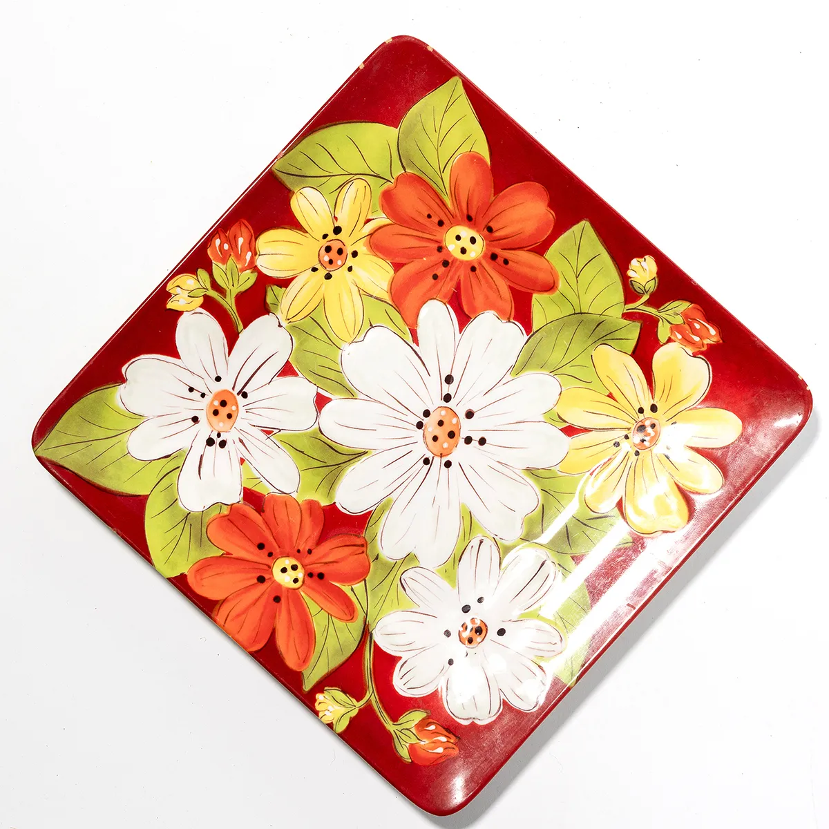 Square Plastic Plate with White, Yellow, and Red Flowers - 8.75"