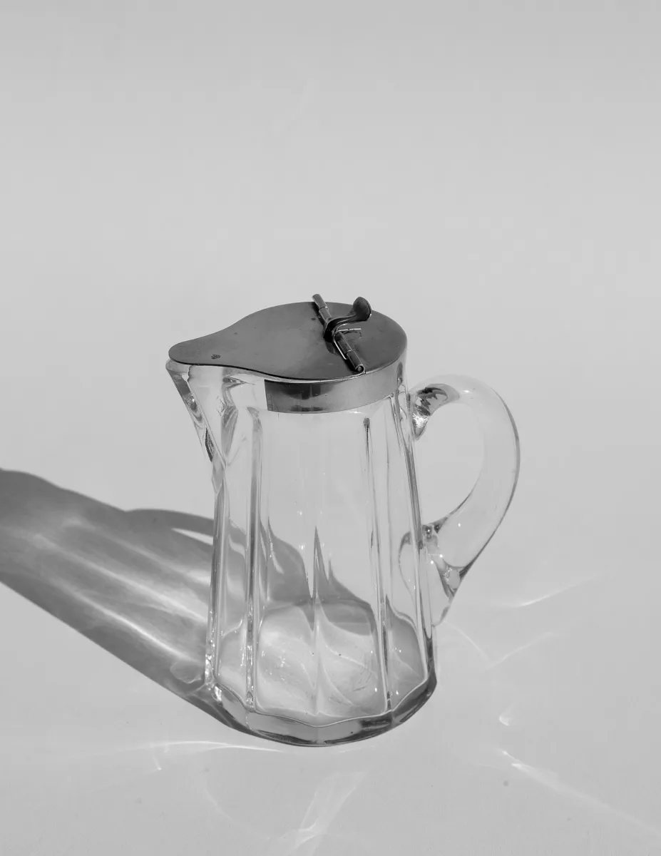 Antique Glass Syrup Pitcher, Clear Crystal Glass with Silver Flip Top, Vintage Style, Heavy