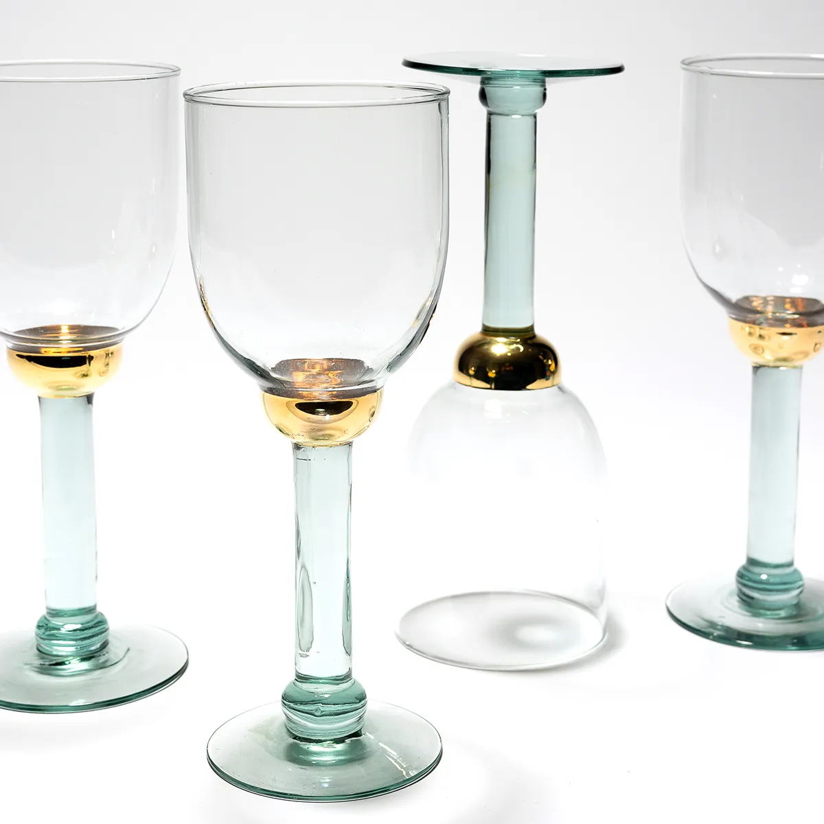 La Mediterranea Spain Green Water Wine Recycled Glass Goblet Green Glass Stem, Clear Glass Bowl, Gold Stem