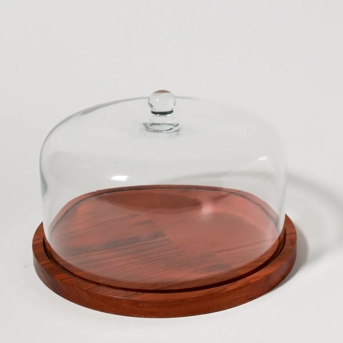 Mid-Century Rosewood Cake Glass Dome Cloche, Cheese Board