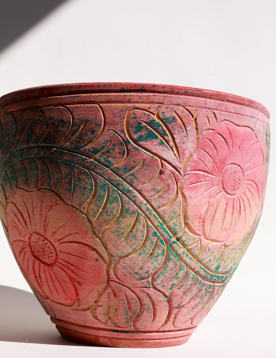 Primitive Terracotta Coil Pot Planter Distressed Pink and Green Rustic Garden Distressed