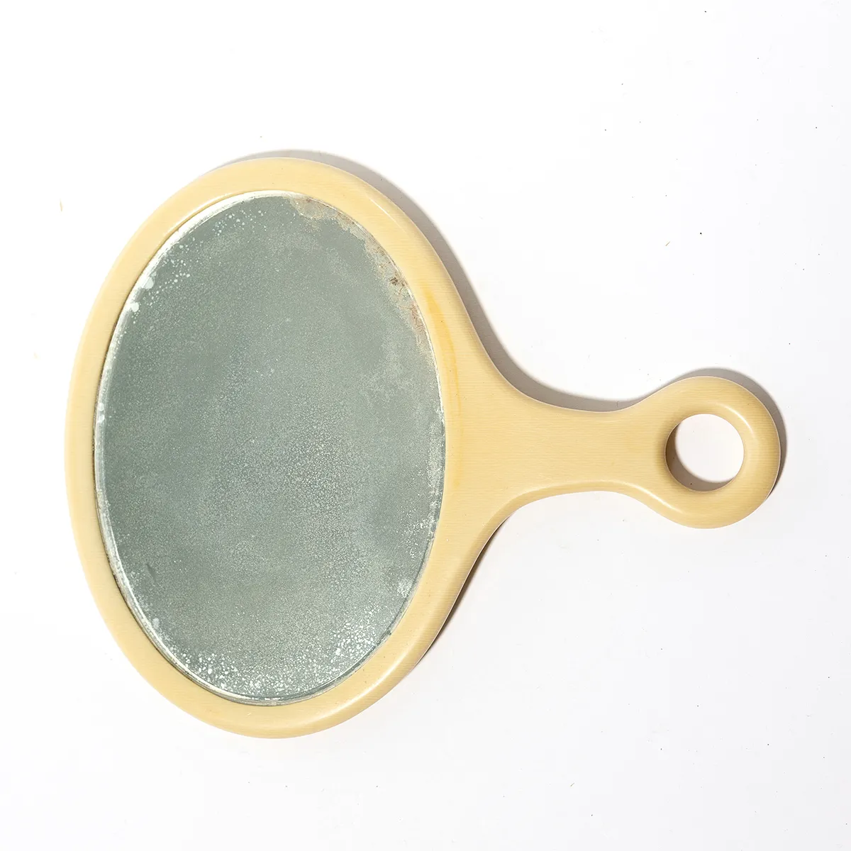 Bakelite Vanity Mirror Off White yellow, bathroom Short Handle With A Hole For Hanging, Vintage Short Handle -  10.75" x 8.5"