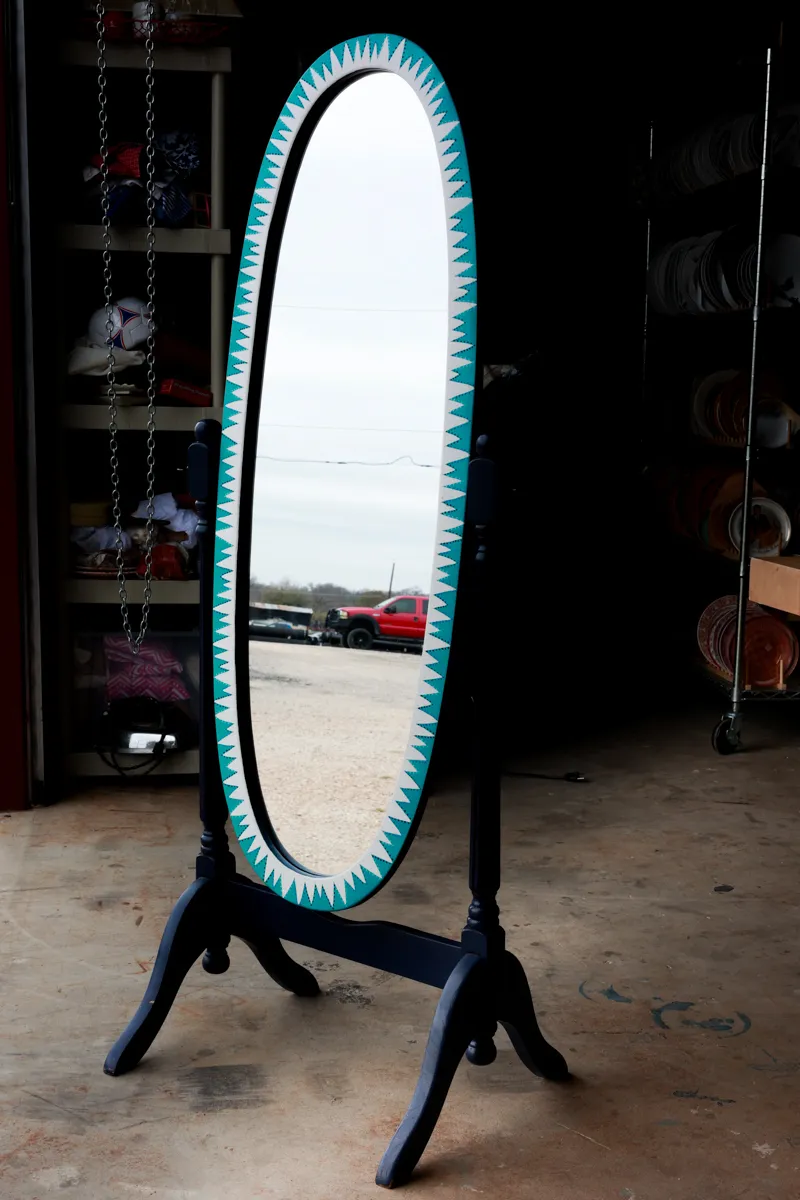 Oval Swivel Floor Mirror, Custom Painted. Navy Blue Base and Teal and White Around the Edge