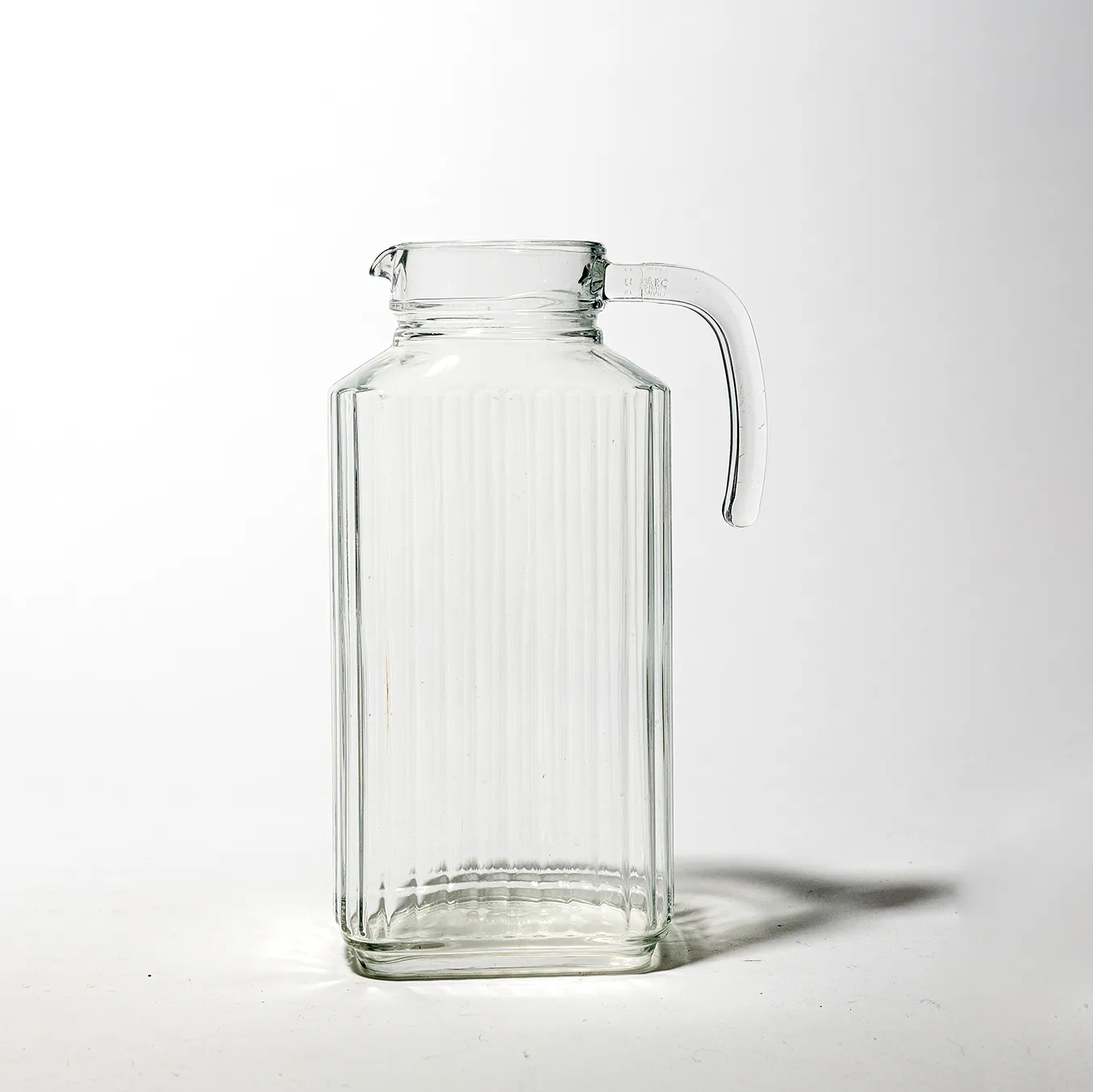 Glass Handled Rectangular shaped ribbed Clear Glass Pitcher, Decanter