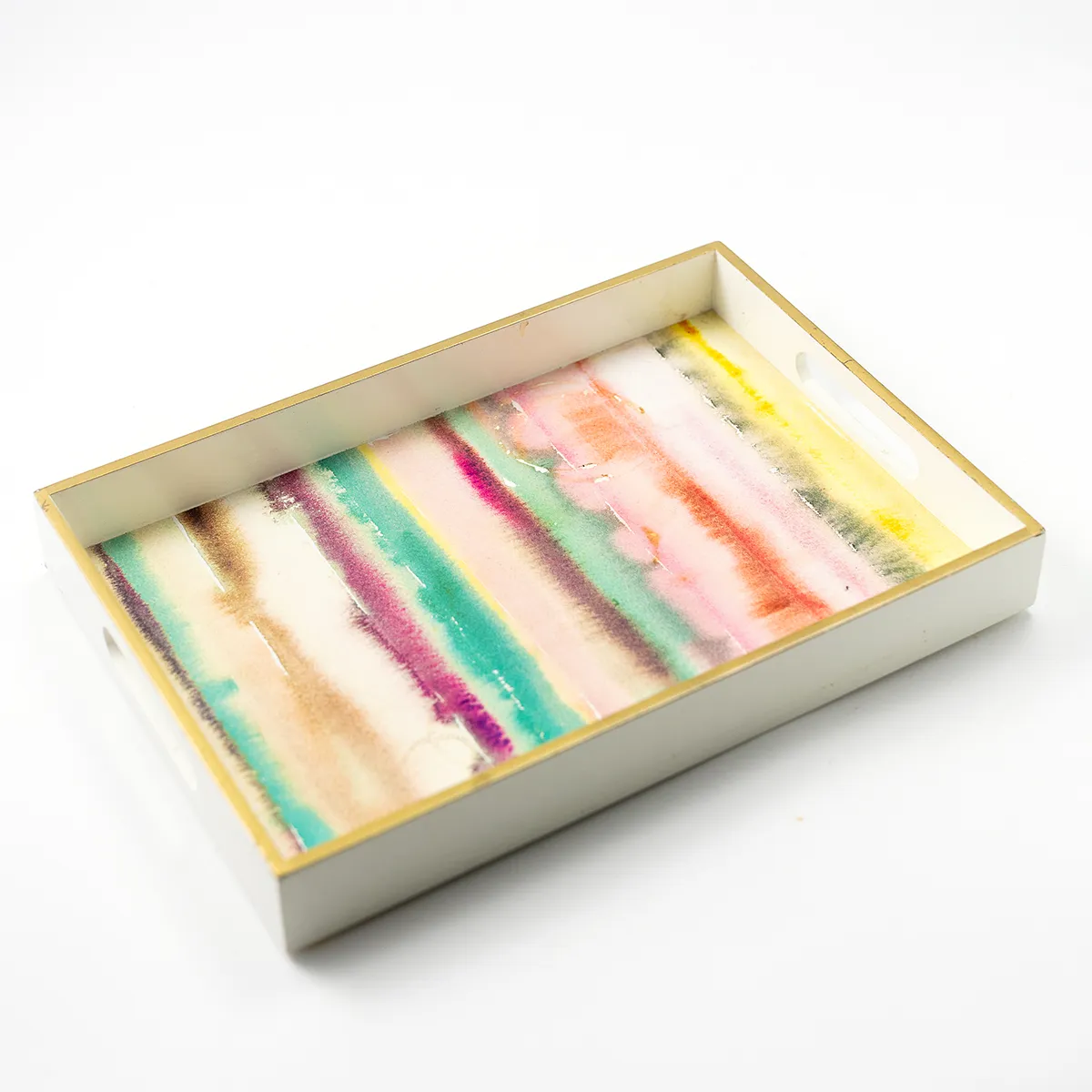 Bamboo Tray cream with gold outline colorful inlay  - 12.5" x 8.75"