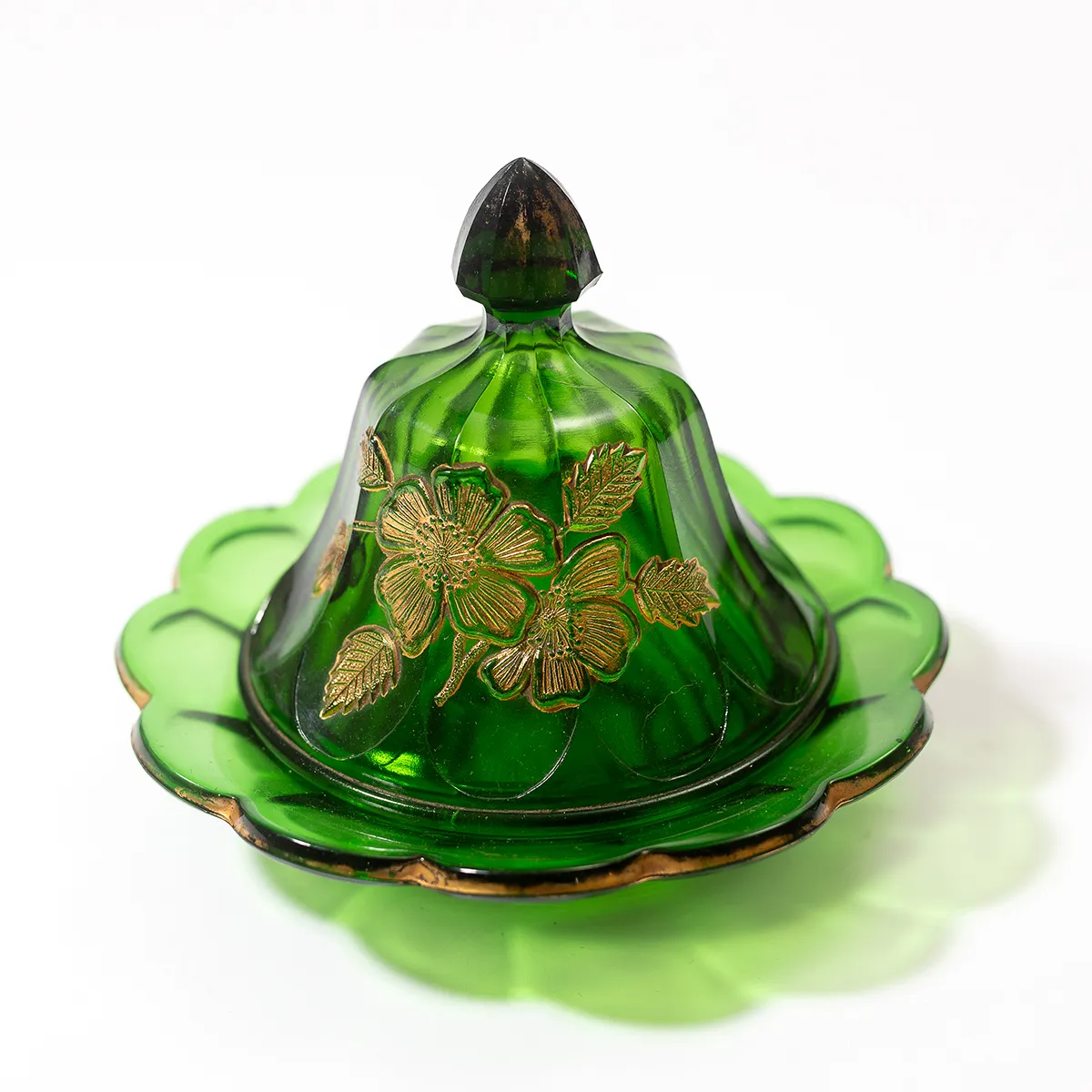 Antique EAPG Emerald and Gold butter dish - 6.25" x 7.5"