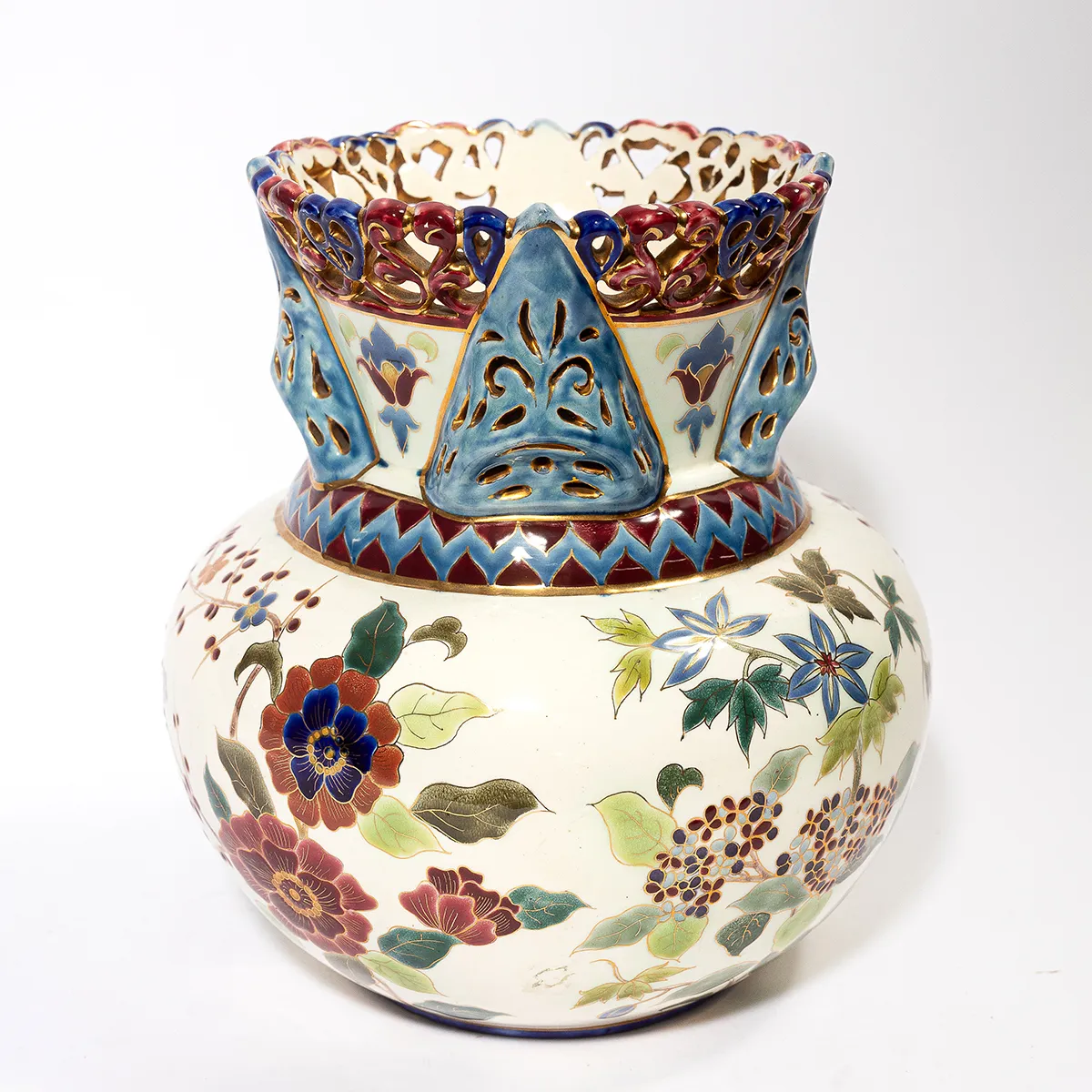 Antique Zsolnay Vase in Open Work Glazed Ceramic Flower Vase - 9" x 6.5"