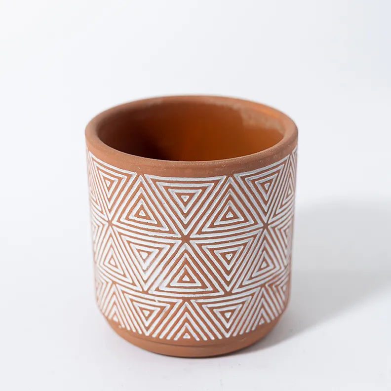 Small Terecotta Aztek detail flower pot - 3.5" x 3.5"