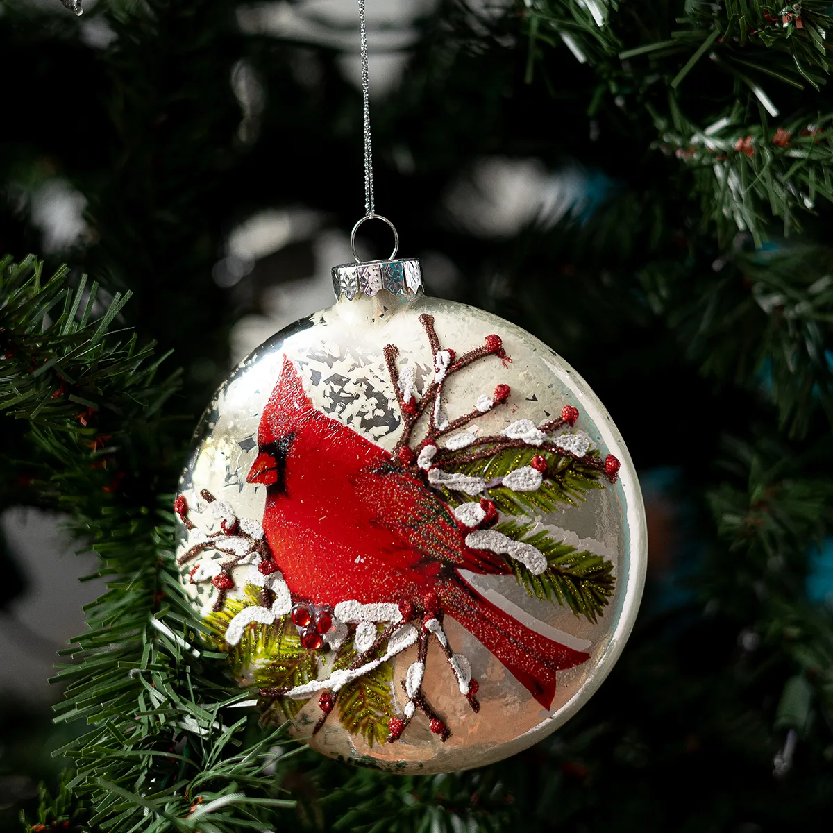 Raz Red Cardinal sitting on a holly branch Disc Christmas Tree Ornament hand blown glass