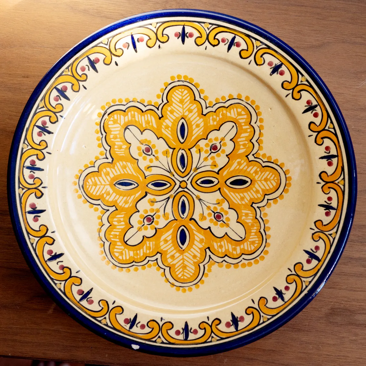 Vintage Large Handcrafted Ceramic Serving Dish, Mexican, Moroccan, Blue Orange, Yellow