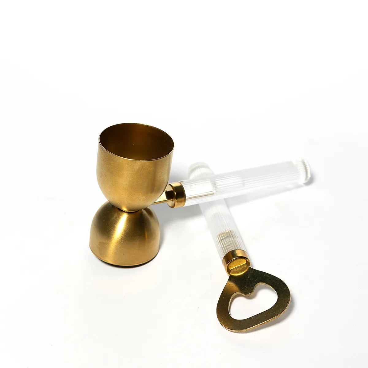 Rose Gold Cocktail Tools with clear ribbed plastic handles - 6" x 3"