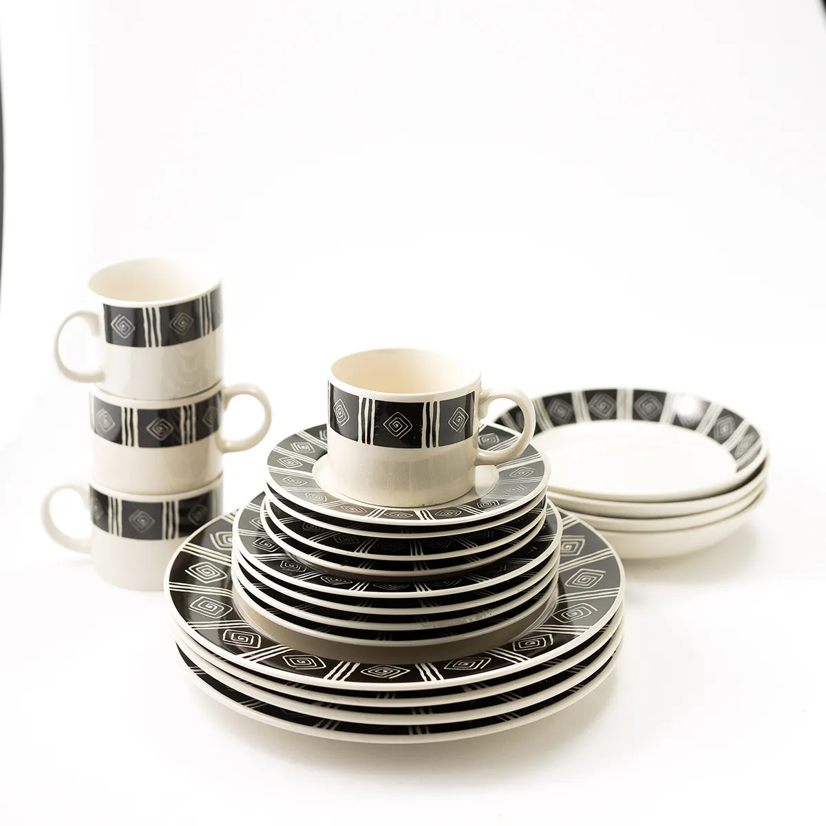 Sakura Majesticware, Inca pattern swirls and lines, black and cream, dinner plate, salad, plate, saucer, coffee cup, soup bowl 20 piece set - 10.5", 7.5", 6.5" 2.5" x 3.25" 
