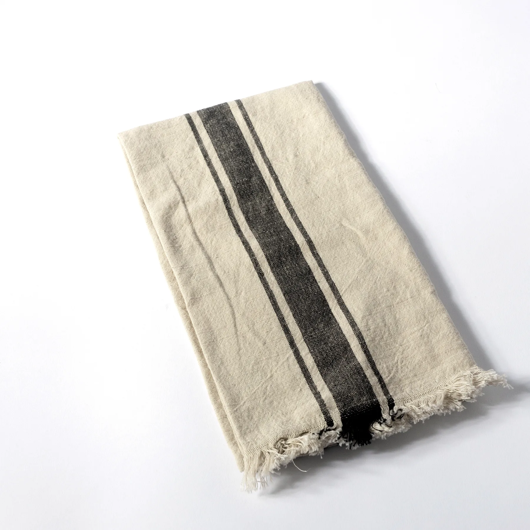 Eggshell and gray stripped kitchen towel with fringe 20" x 28" 