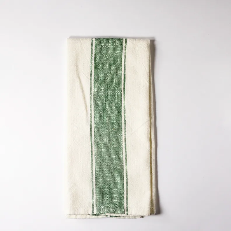 Off White Dish Towel with Gray Green stripes running it's length - 28" x 20"