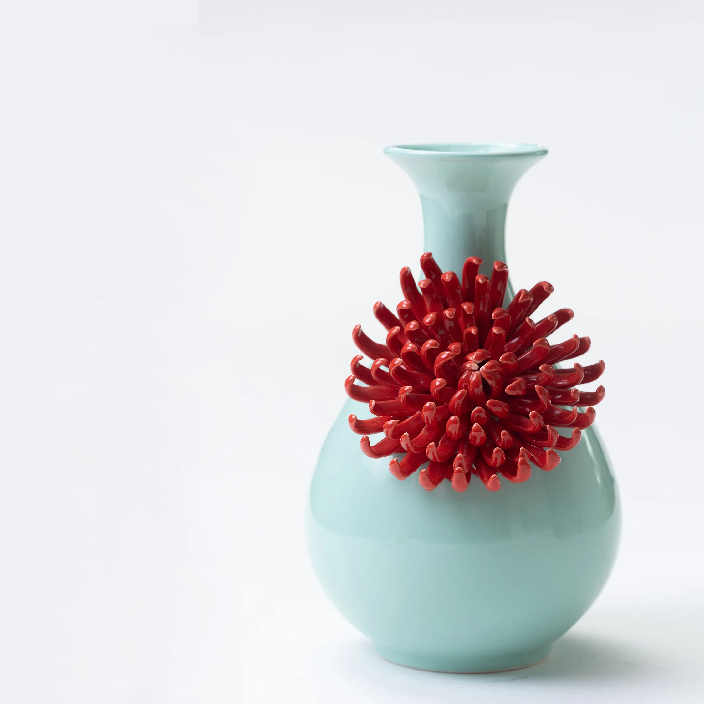 Blue Anthro Flower Vase with Red Flower - 9" x 5.5"