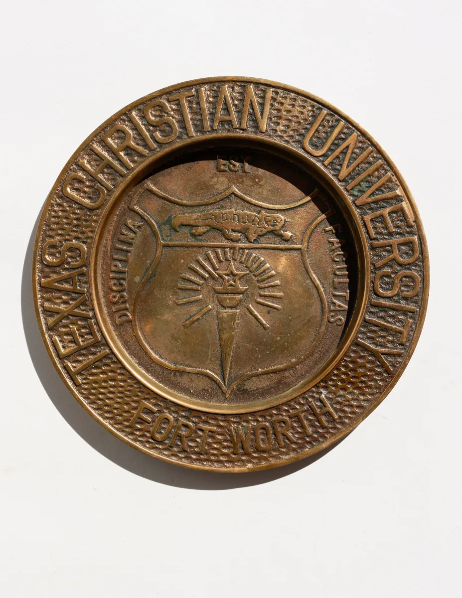 Vintage TCU Brass Circular School Seal Wall Hanging