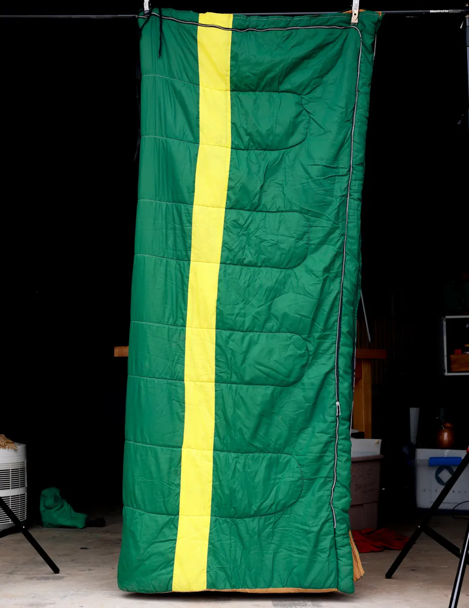 Heavy Green Sleeping Bag with Asymmetrical Yellow Stripe. Adult Sized vintage Sleeping Bag.