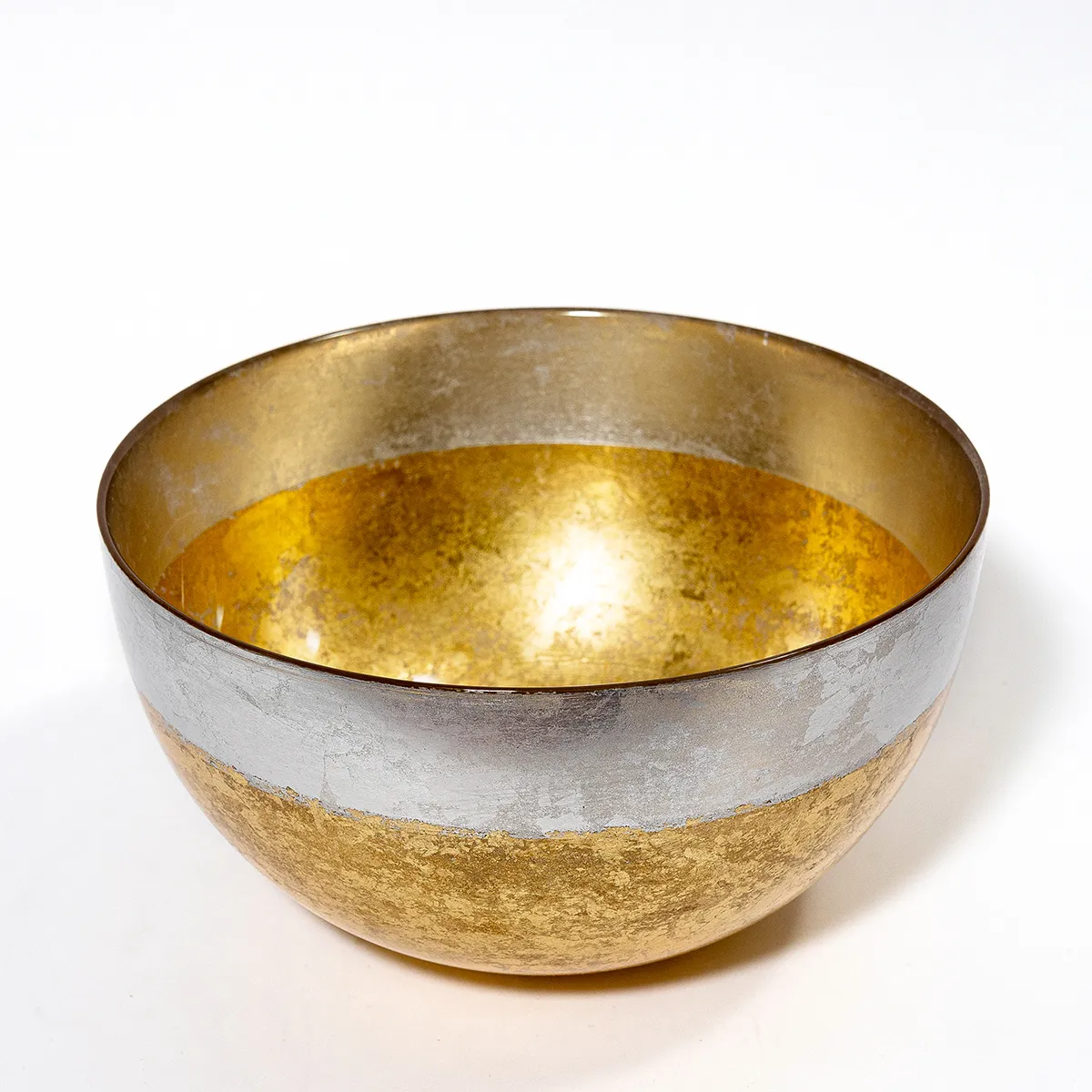 Glass Bowl Covered in Gold Leaf 2" Border of Silver Leaf - 10" x 5.5"