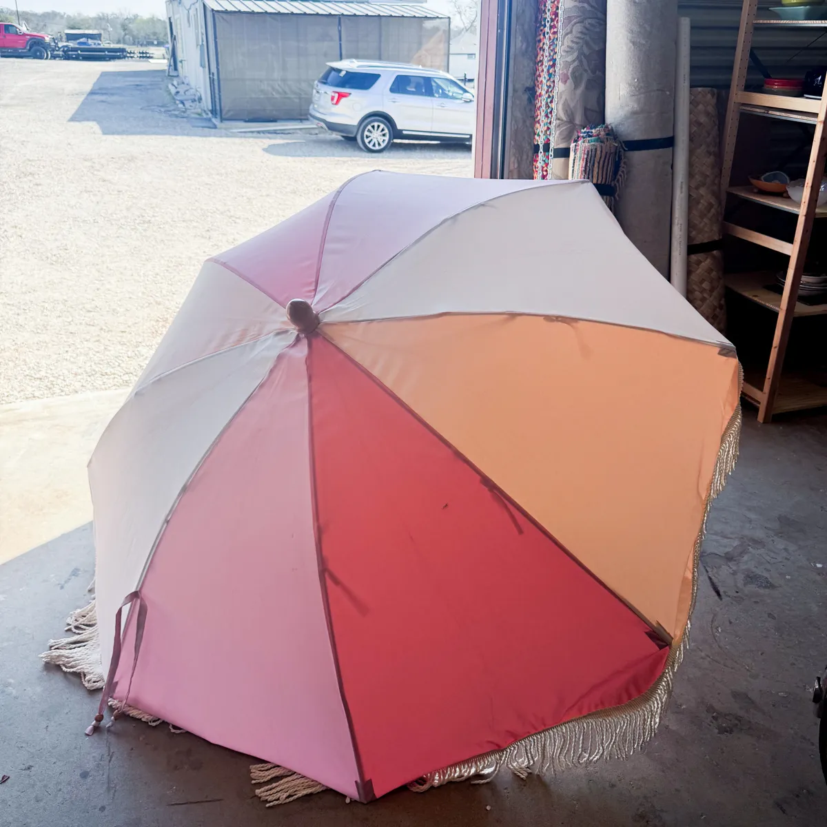 Retro Boho Multi Shades of Pink Fringe Beach Patio Umbrella