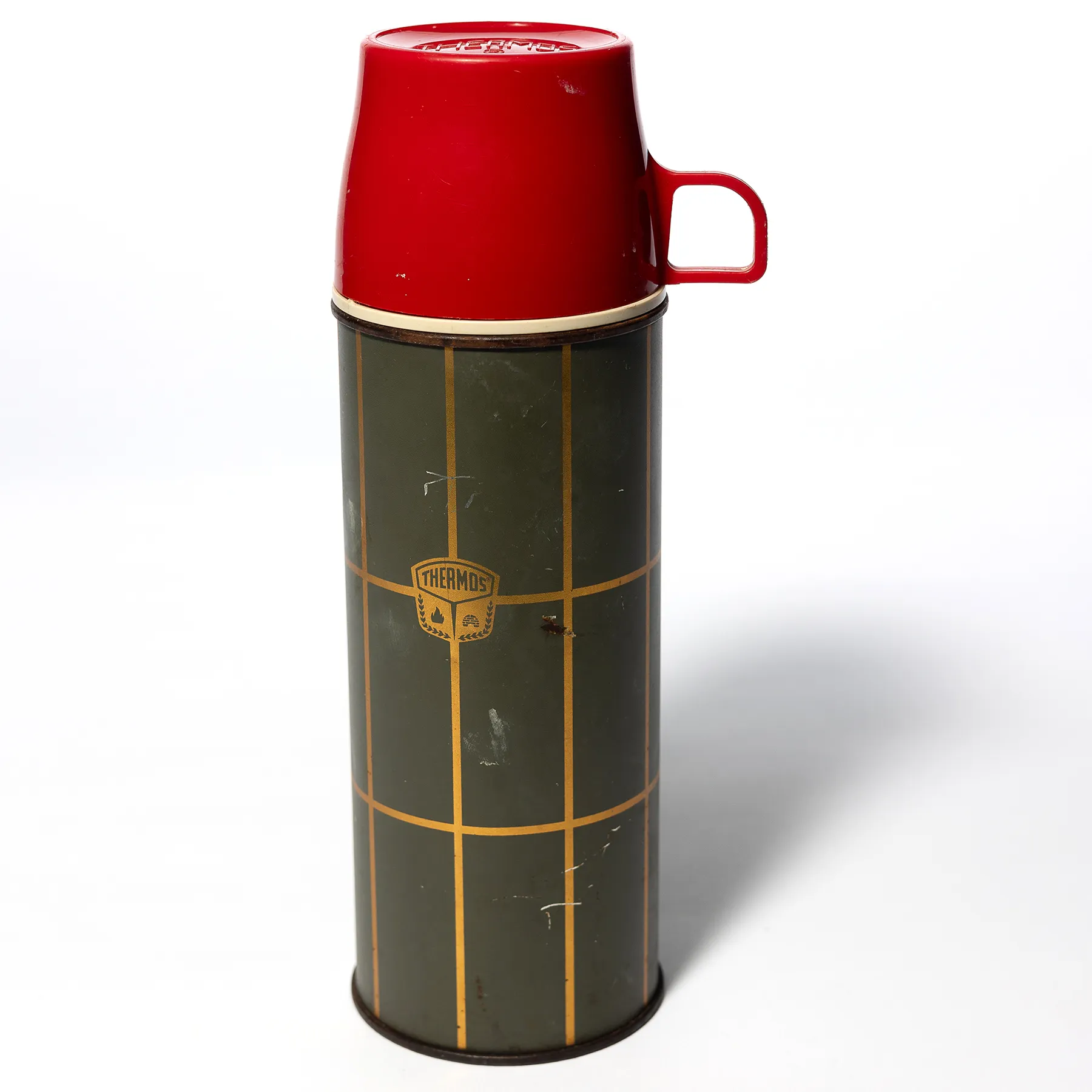 Mid Century Modern Thermos Gray Gold and Red Plaid Pint Sized Bottle