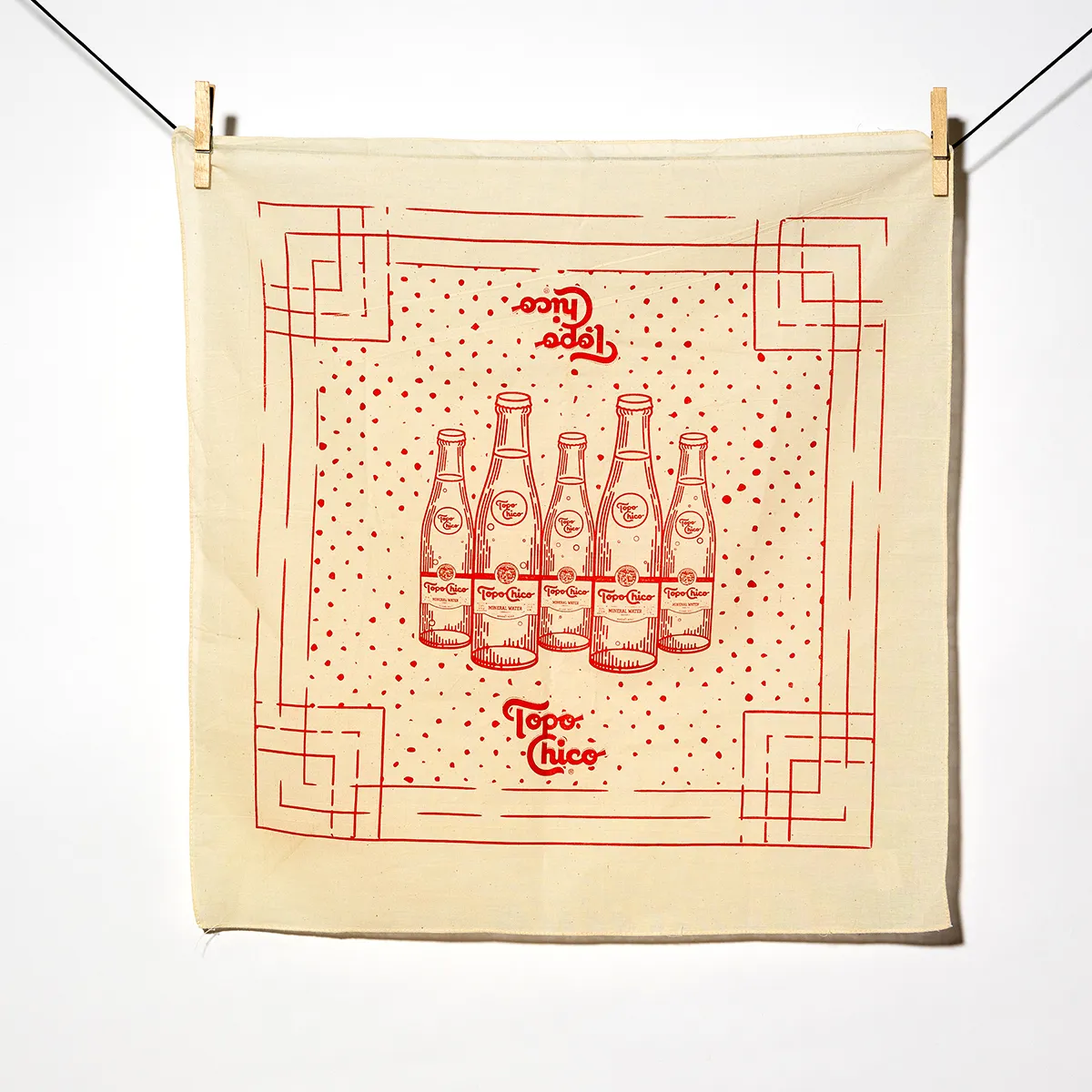 Kitchen Soft Goods: Hankerchief Topo Chico hand silk screened Orange on off white - 45" x 22"