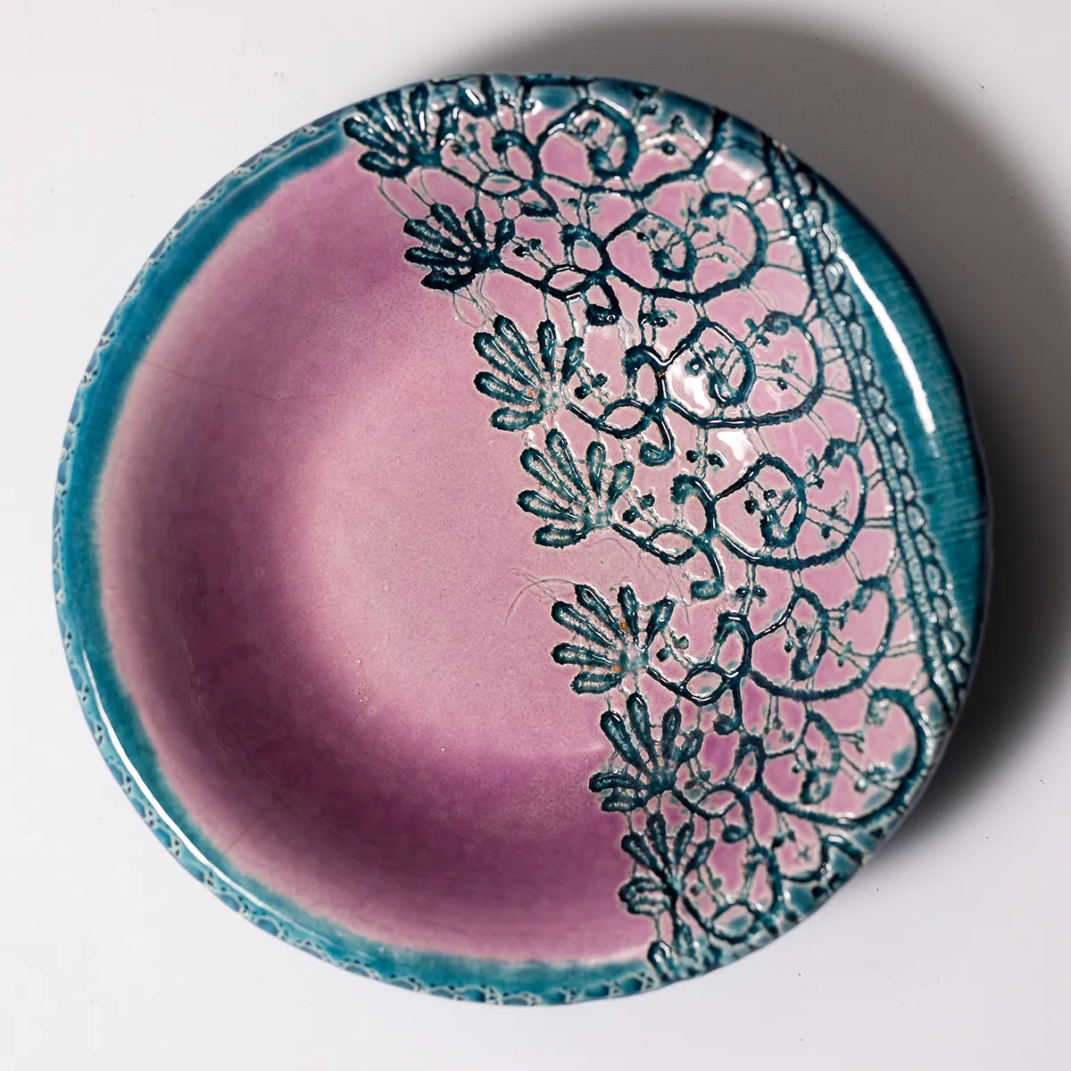 Pink and Tourquoise Egyptian Blue hand made pottery bowl Nunes Portugal - 7.5" x 2"