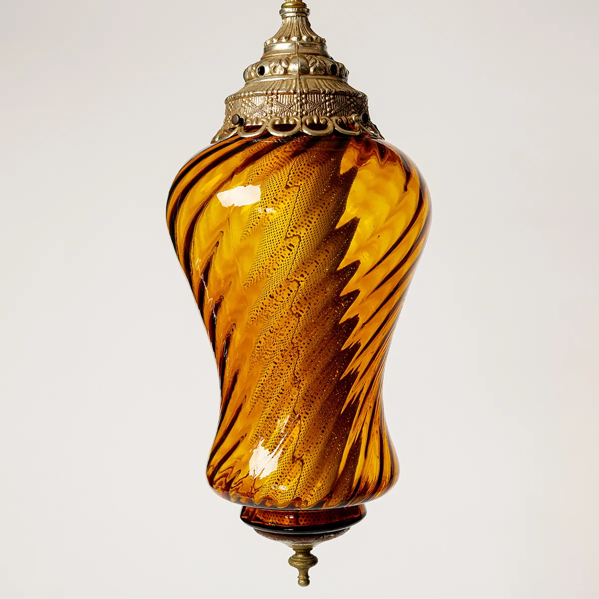 Lamp: Amber Orange Hourglass Shaped Vintage Hanging Pendant Lamp with Chain Ribbed Glass