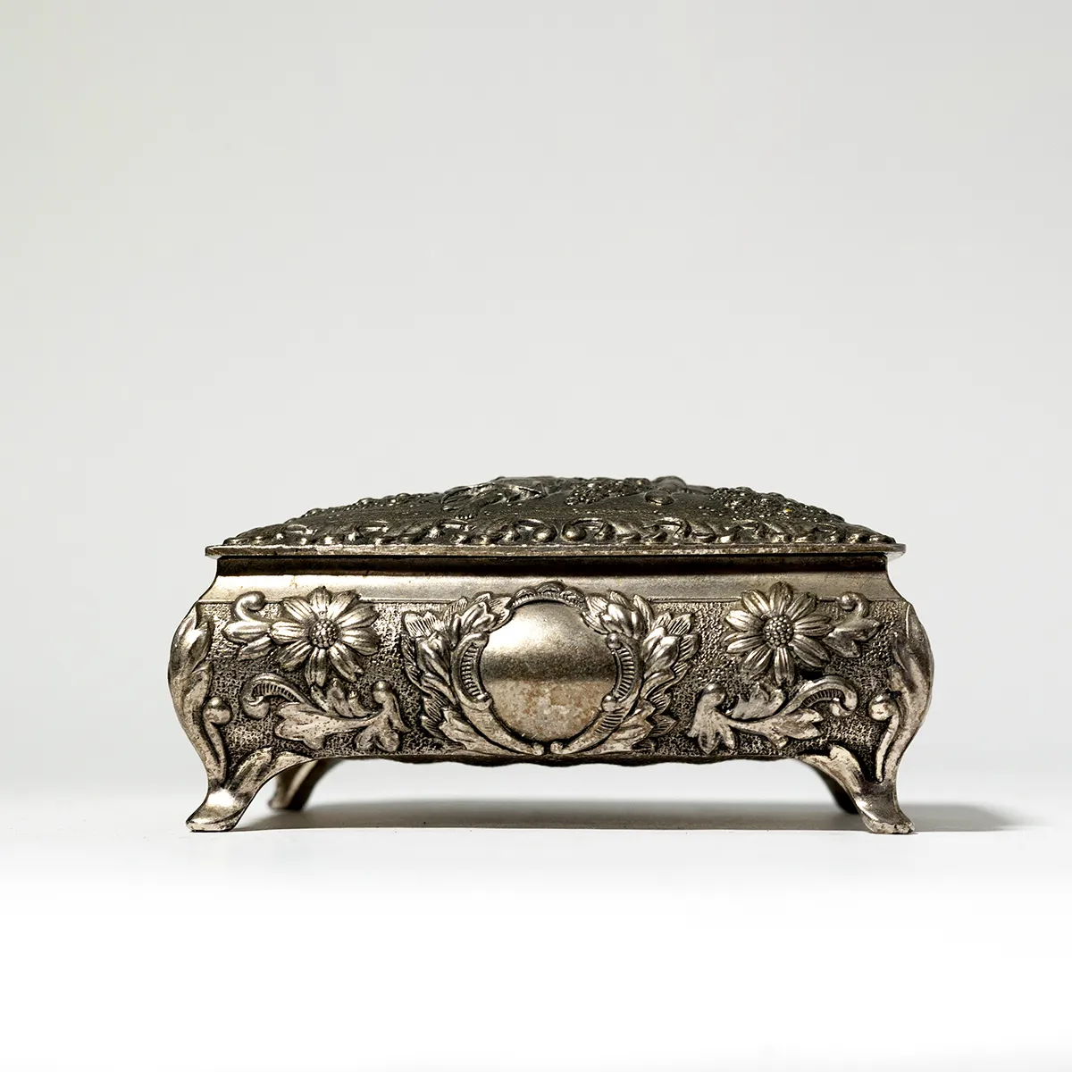 Silver Footed Jewely Box with red felt interior, trinket box, vintage dresser box, jewelry casket