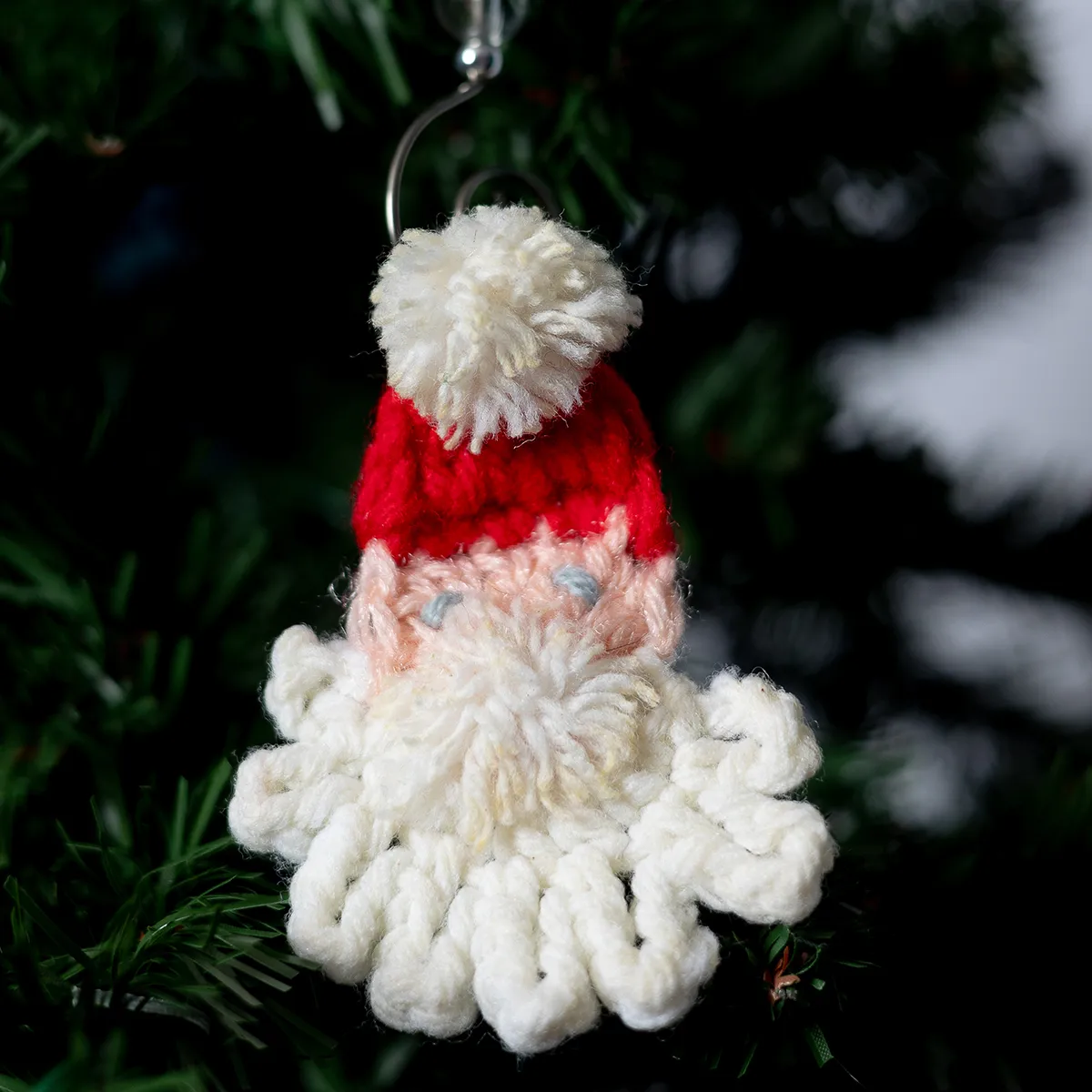 Hand Made Crocheted CSanta Clause Head Christmas Tree Ornament White and Red