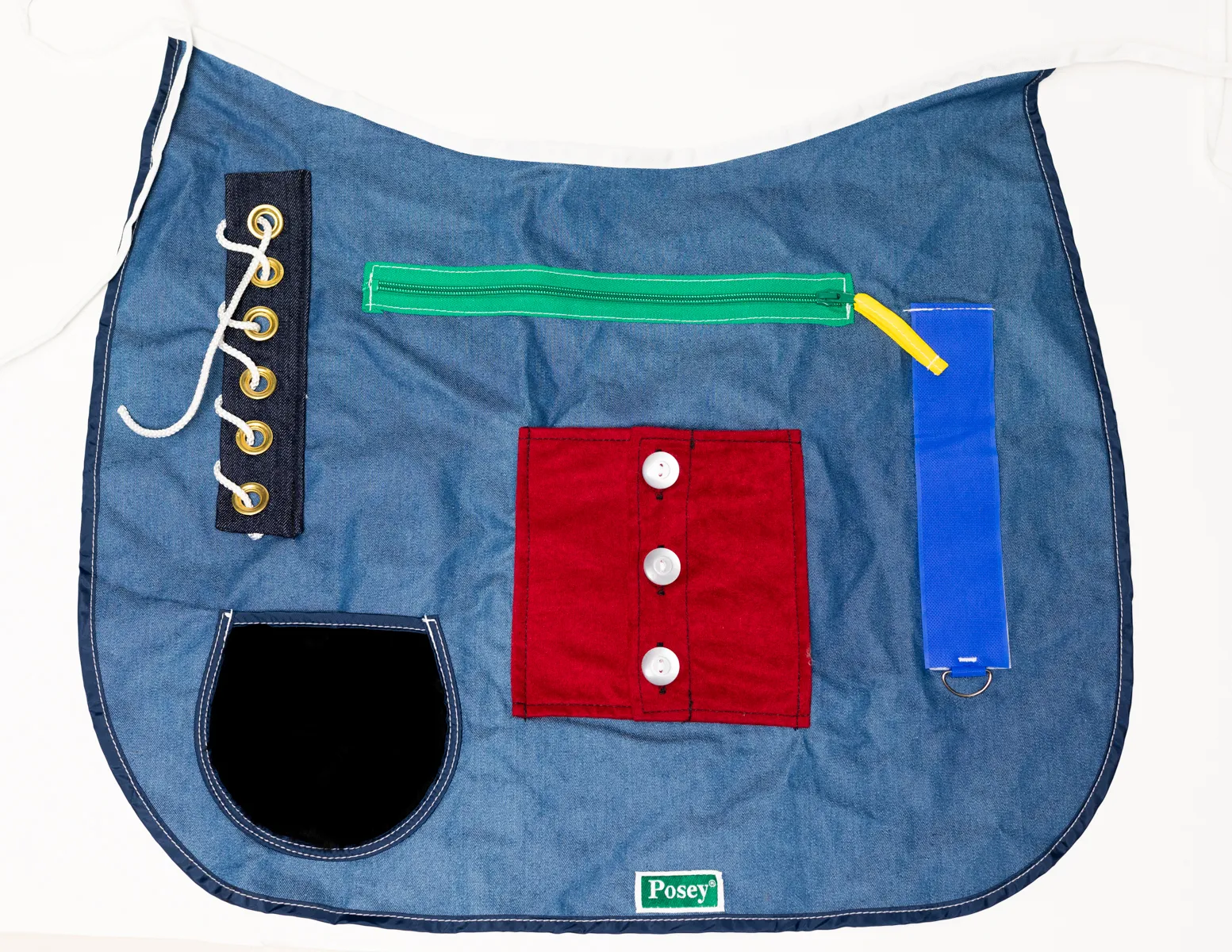 Preschool or Kindergarten Teach Blue Denim Apron with Zipper, Bottons, Velcro, and tactile fur pocket Activity Apron