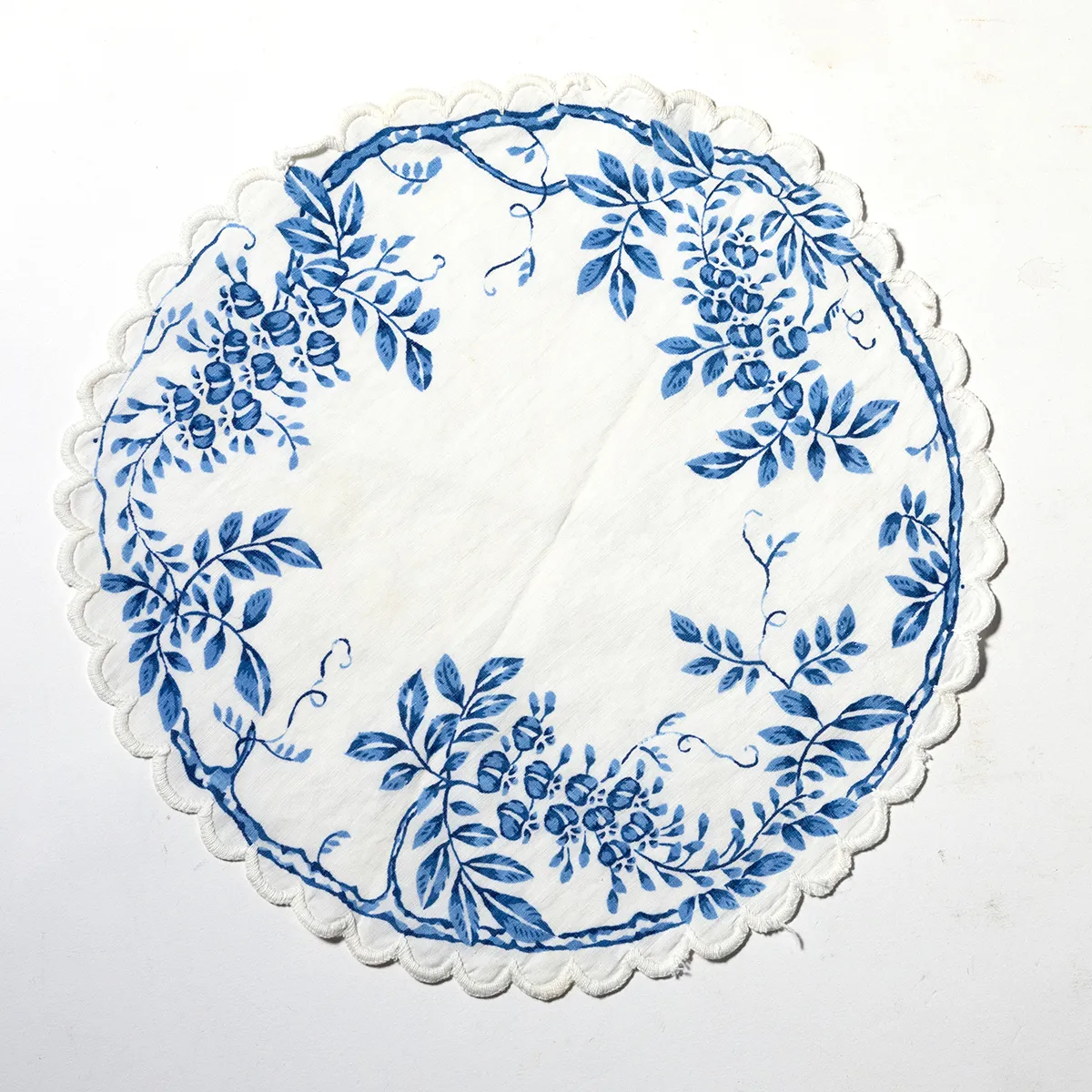 Blue and White Fabric Viney Flower Print with Scalloped Edge Doilie