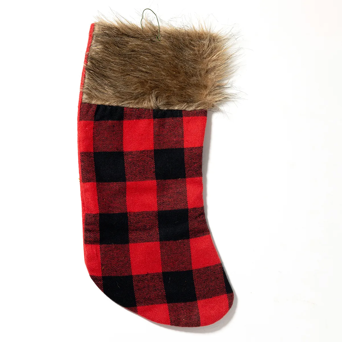 Red and Black Plaid hanging Christmas stocking Mantel stocking with Fur accent at the top