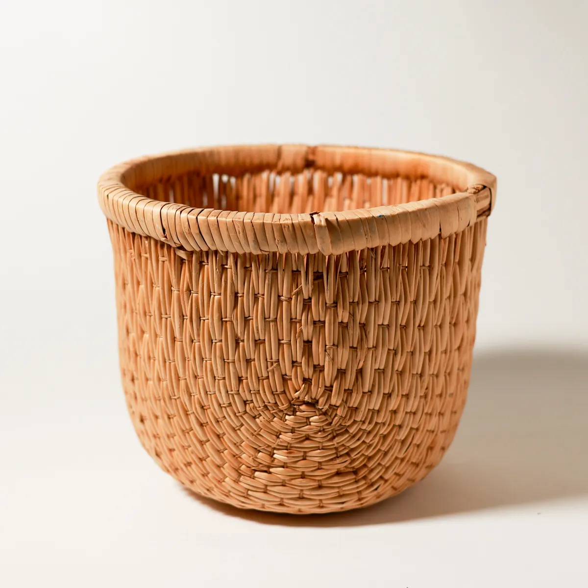 Handwoven Rattan Coil Basket Rustic Bohemian Vintage