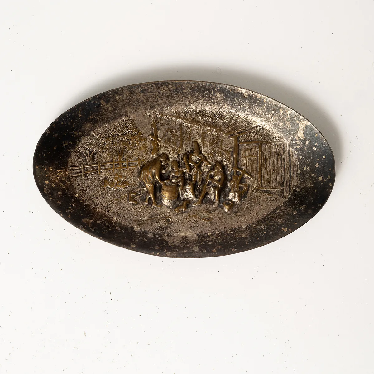 Hans Jensen Denmark Repousse Tray with Country Scene Silver plate - 5.5" x 3.5"