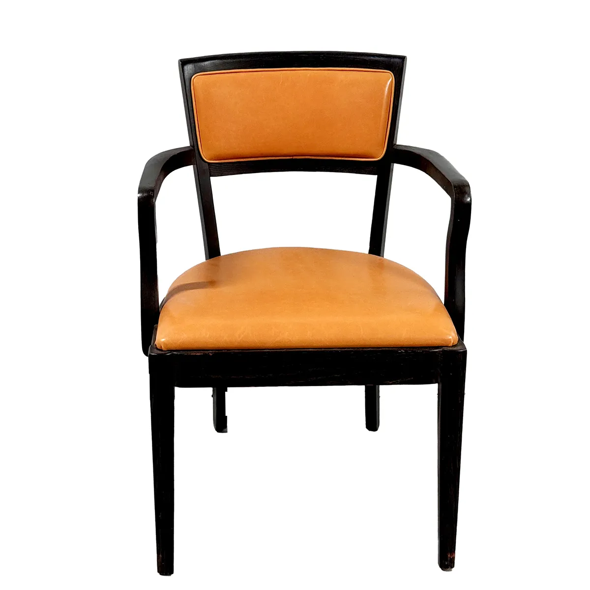 Mid Century Modern Tangerine Orange Leather and Dark Wood Arm Chair