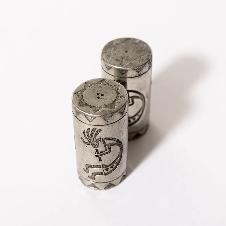 Vintage Southwestern Salt and Pepper Shakers - 2.5" x 1.25" in Pewter - 
