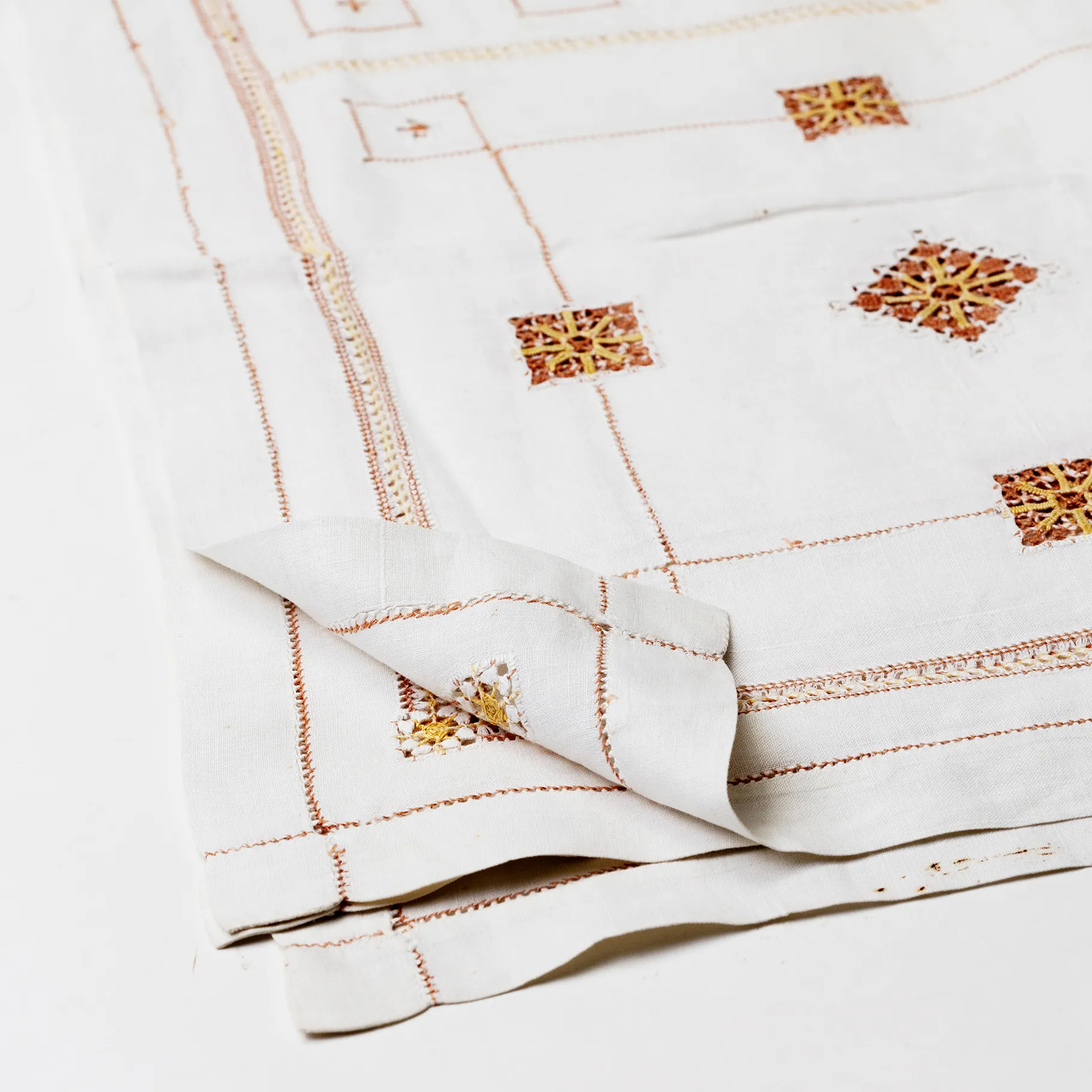 Linen Hand Embroidered Tablecloth Yellow and Brown