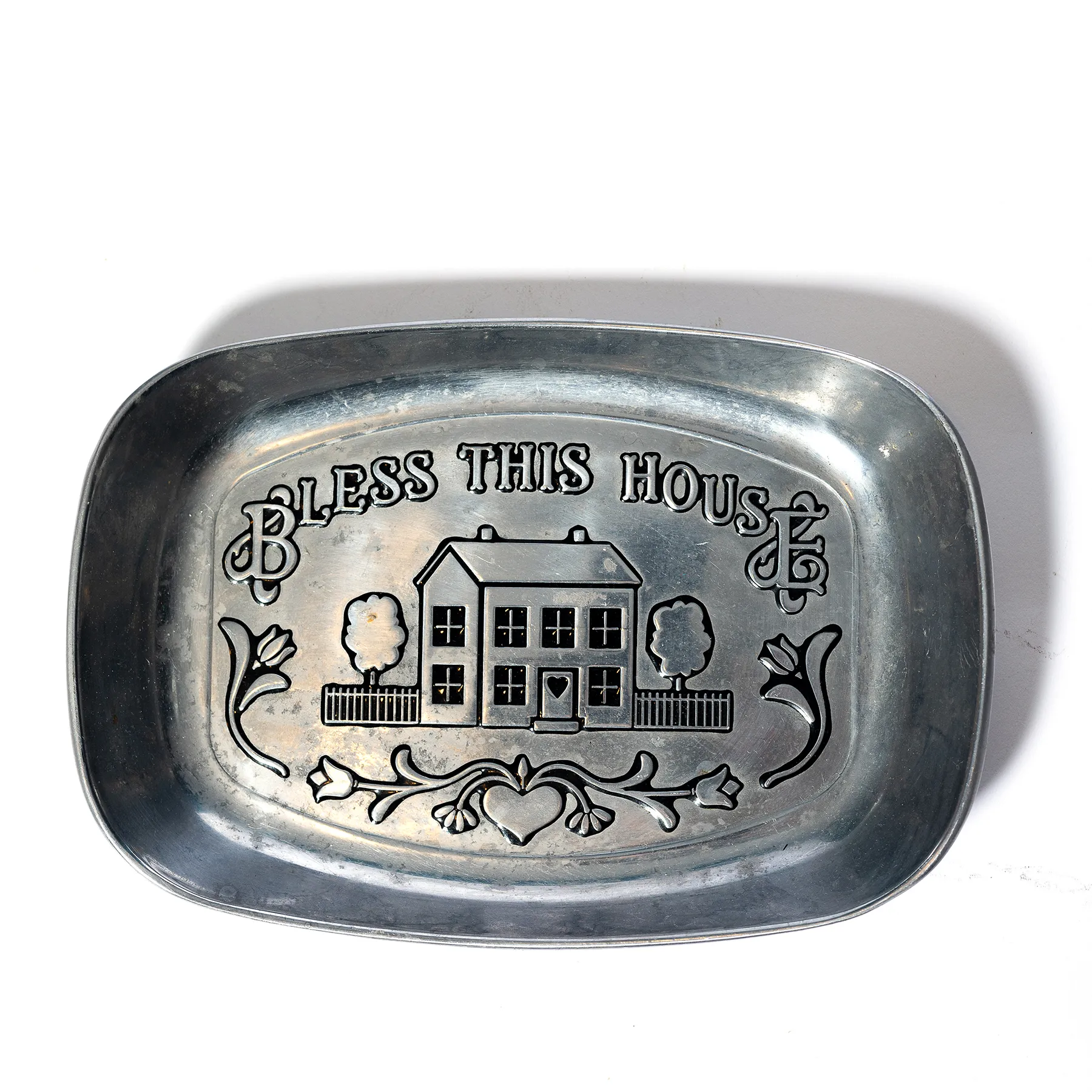 Heavy Vintage Wilton Mount Joy PA. USA Plate/Tray Pewter "Bless this House" Farm -9.25" x 7.5"x 1.25"