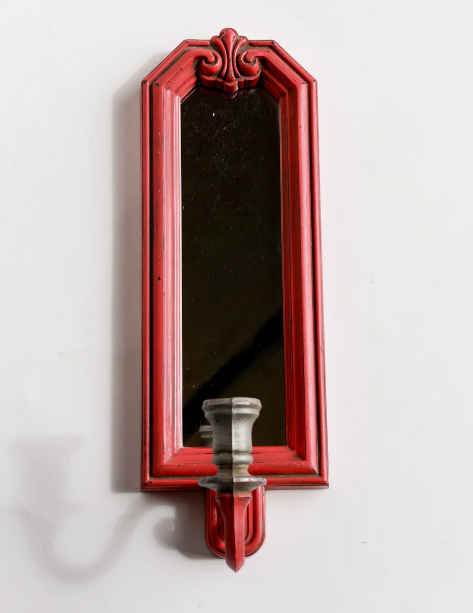 Vintage Pink Painted Mirror Sconce with with Candle Holder