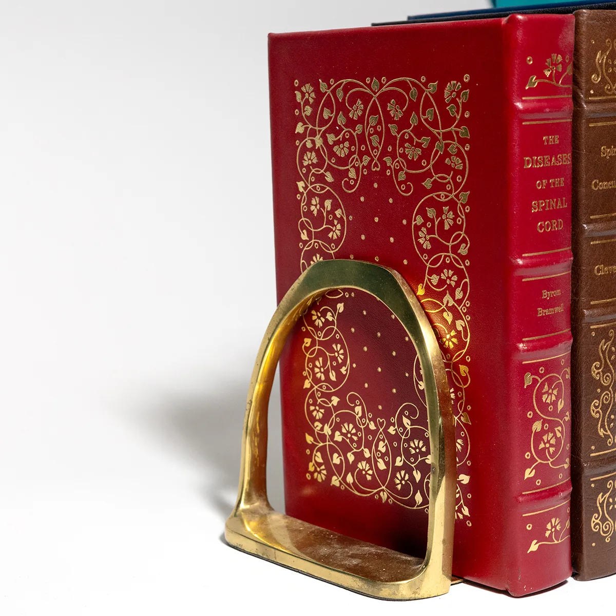 Book: Medical Book Surgical Disease Spinal Cord 2.0. Red Quarter leather with hubbed spine and gilt gold lettering/decoration. Gilded page edges. Silk page marker ribbon