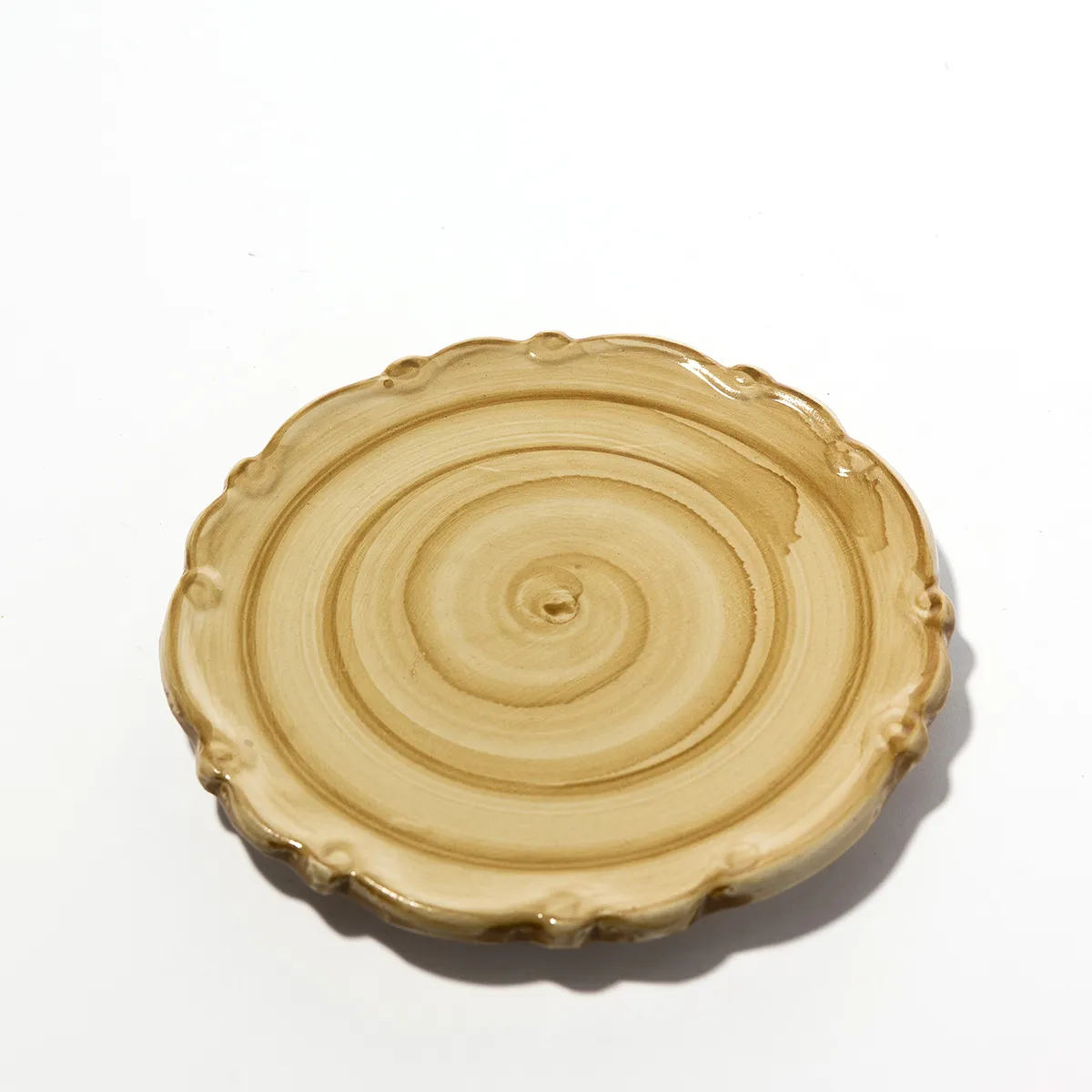  Gold Scalloped Dessert Plate Spiral Tan Yellow - 7"