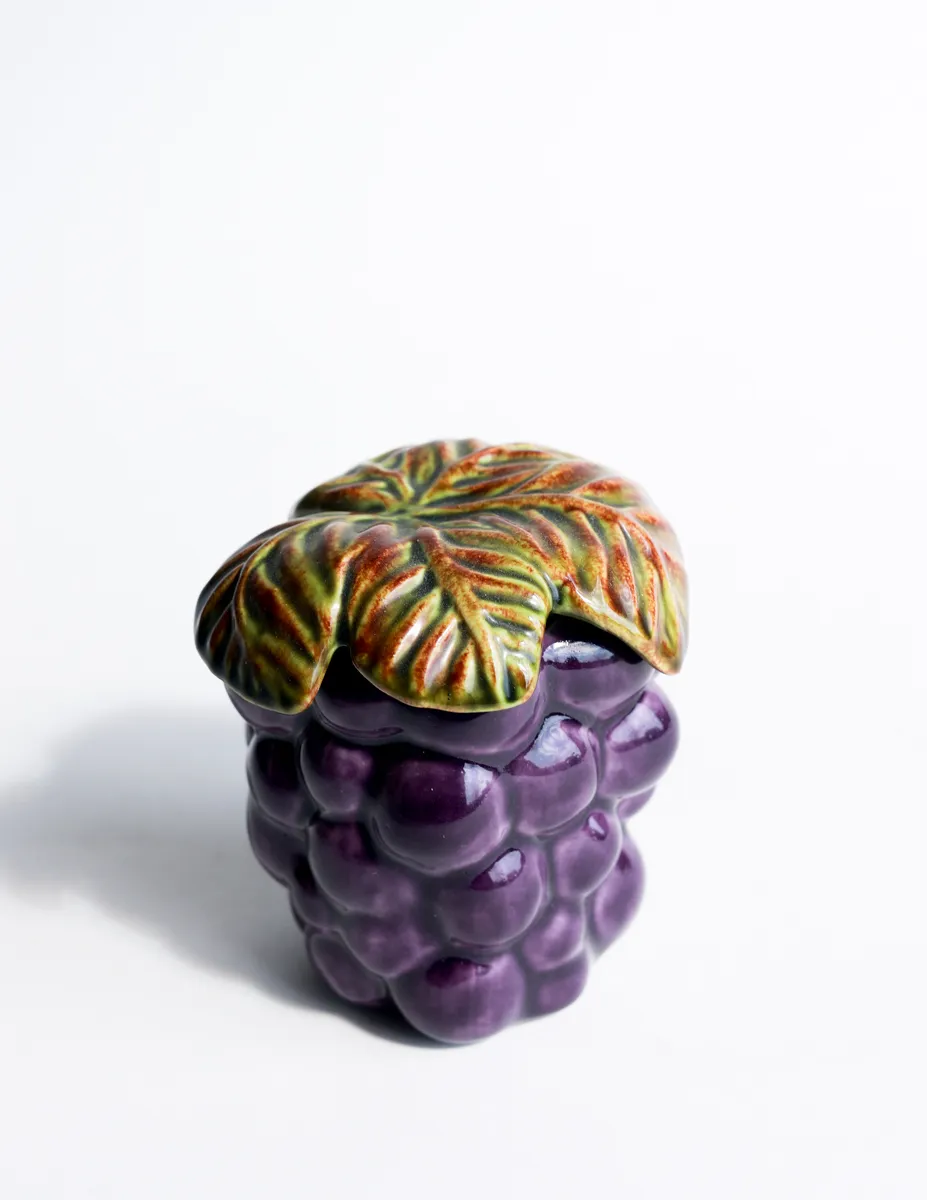 Adorable 60s Vintage Grape Cluster Ceramic Jar Container Purple & Green