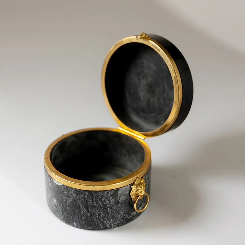 Vintage Black Marble Jewelry Box with Gold Trim - 3" x 4" 
