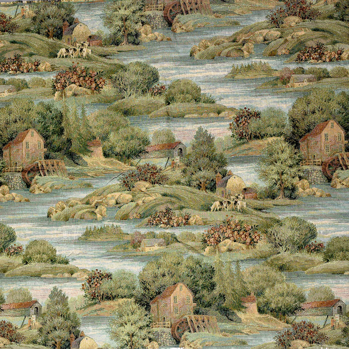 Vintage Tapestry Fabric Muted greens and blue farm life animals -  38" x 31"