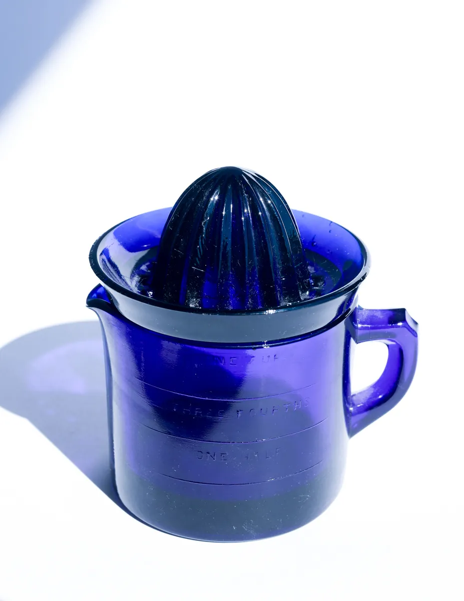 Cobalt Deep Blue Glass Measuring Pitcher Cup with Juicer Reamer Top