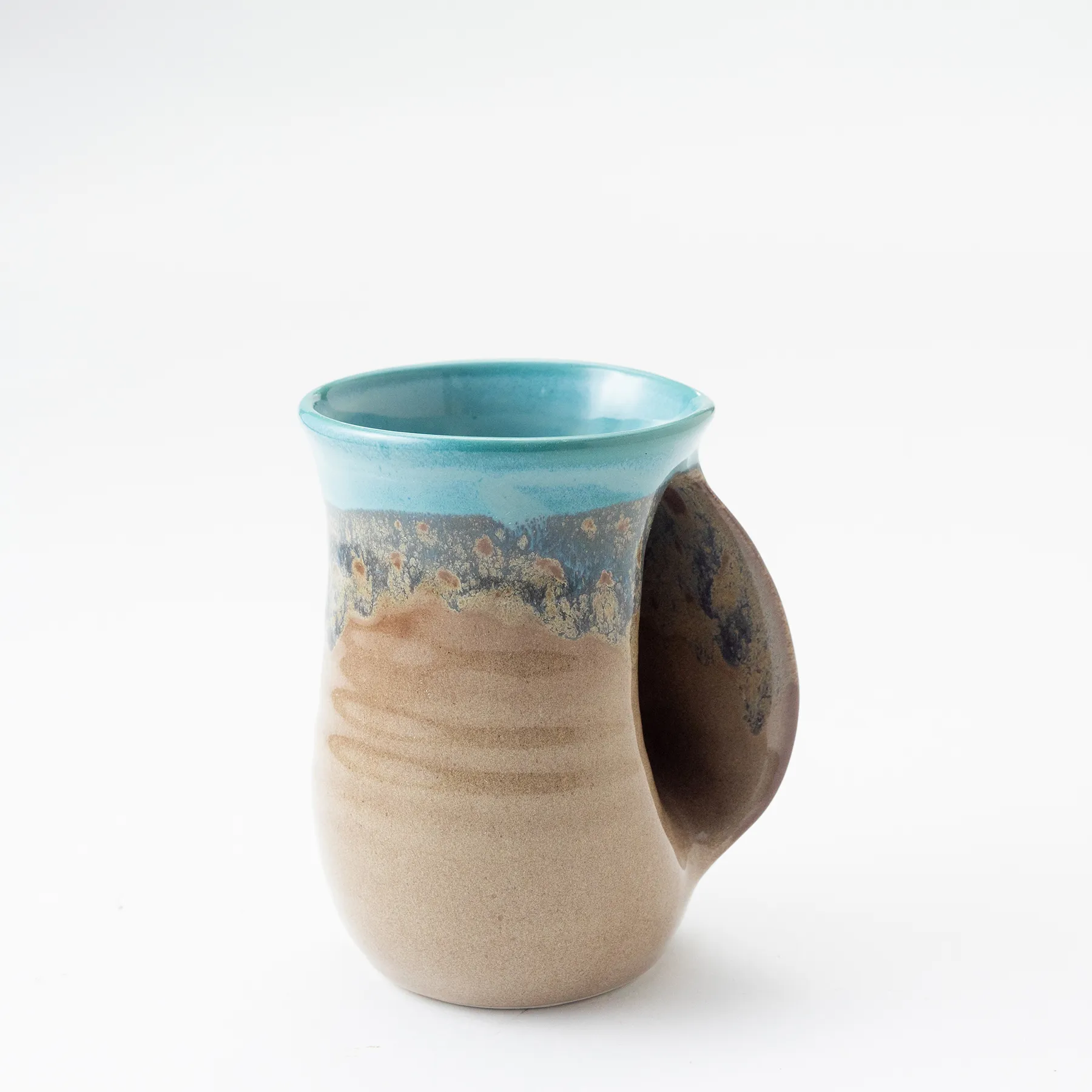 Handmade Hand Warmer Coffee Mug Brown and Turquoise Drip Glaze, unique handle - 5" x 3.5"