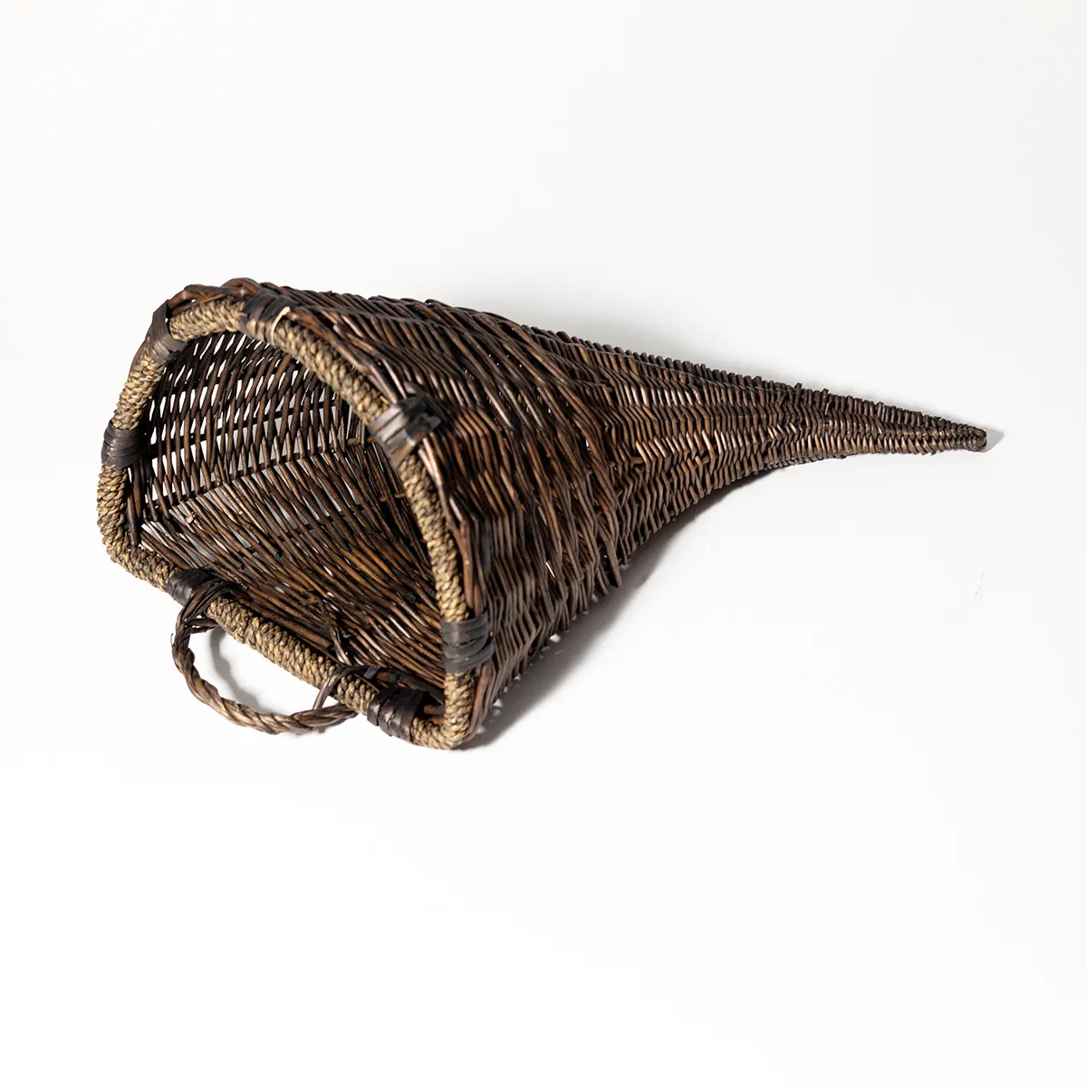Small Wicker Cornucopia Basket Vintage Dark Brown Thanksgiving Horn Of Plenty with a handle