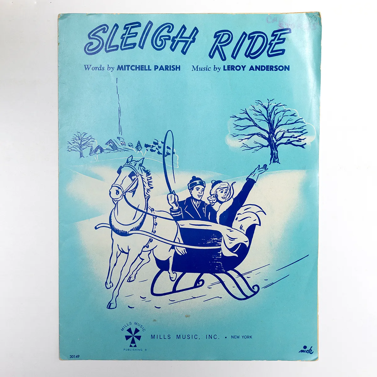 SLEIGH RIDE MITCHELL PARISH 1950 SHEET MUSIC SHEET  Bright blue cover with snowy scene