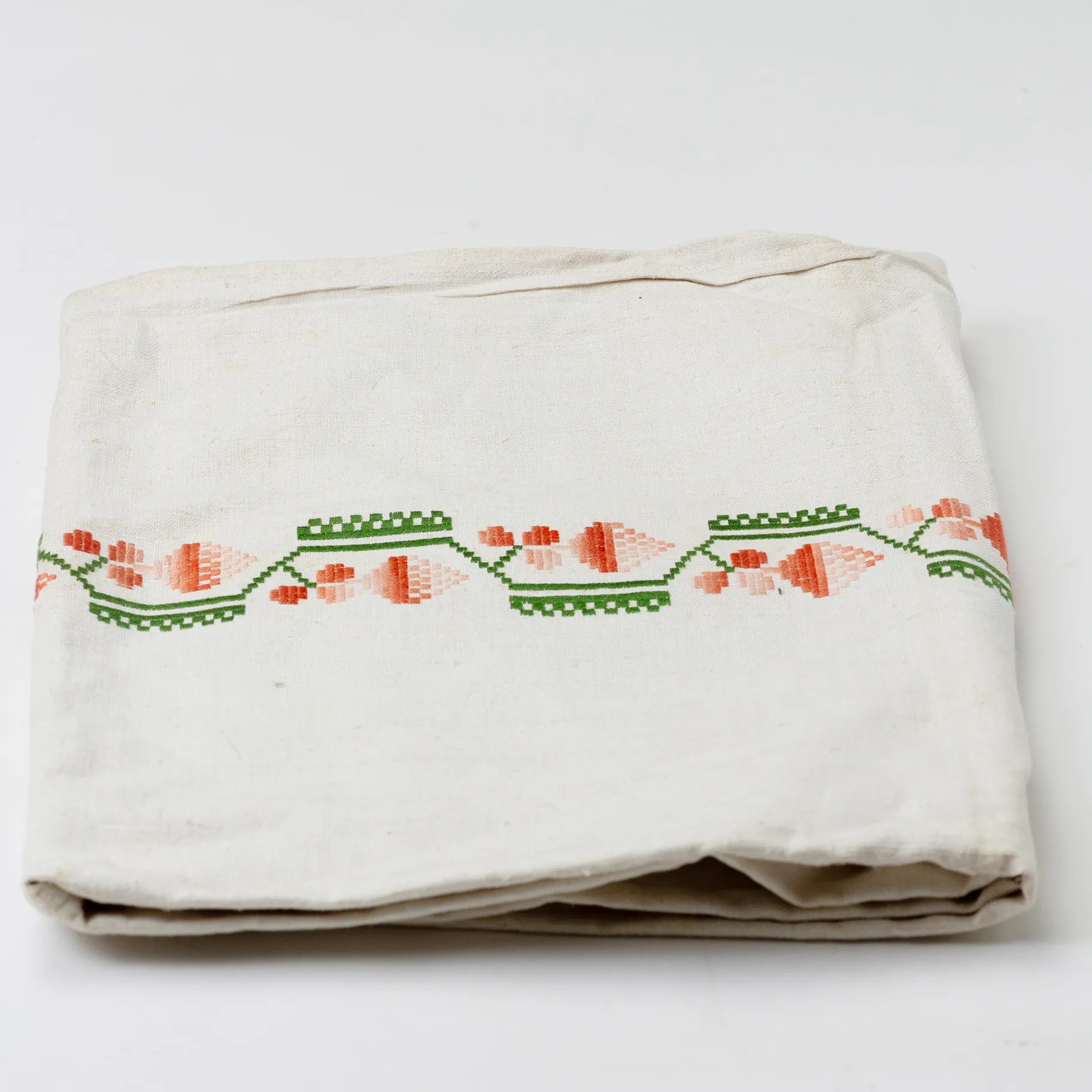 Linen Green and Peach Embroidered Tablecloth