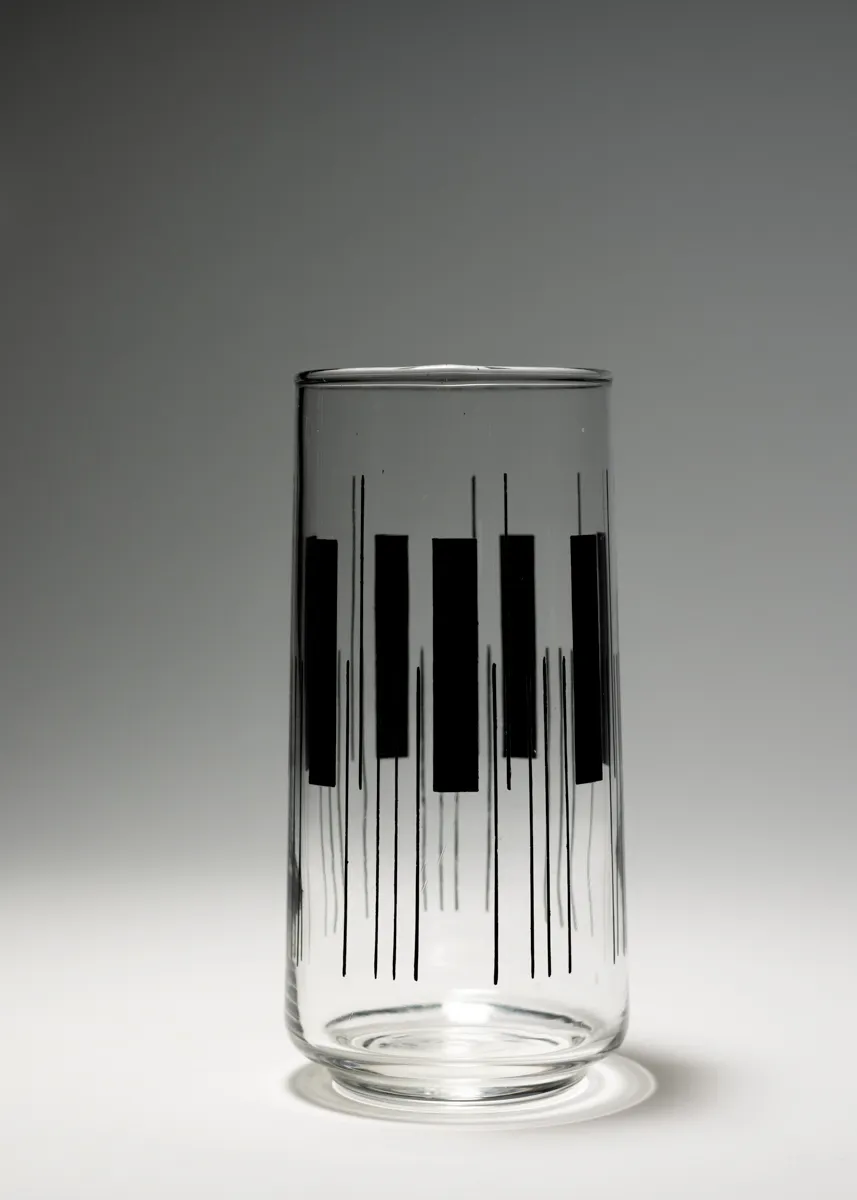 Single Tall Clear Glass Tumbler with Black Art Deco Detail Lines and Color Block